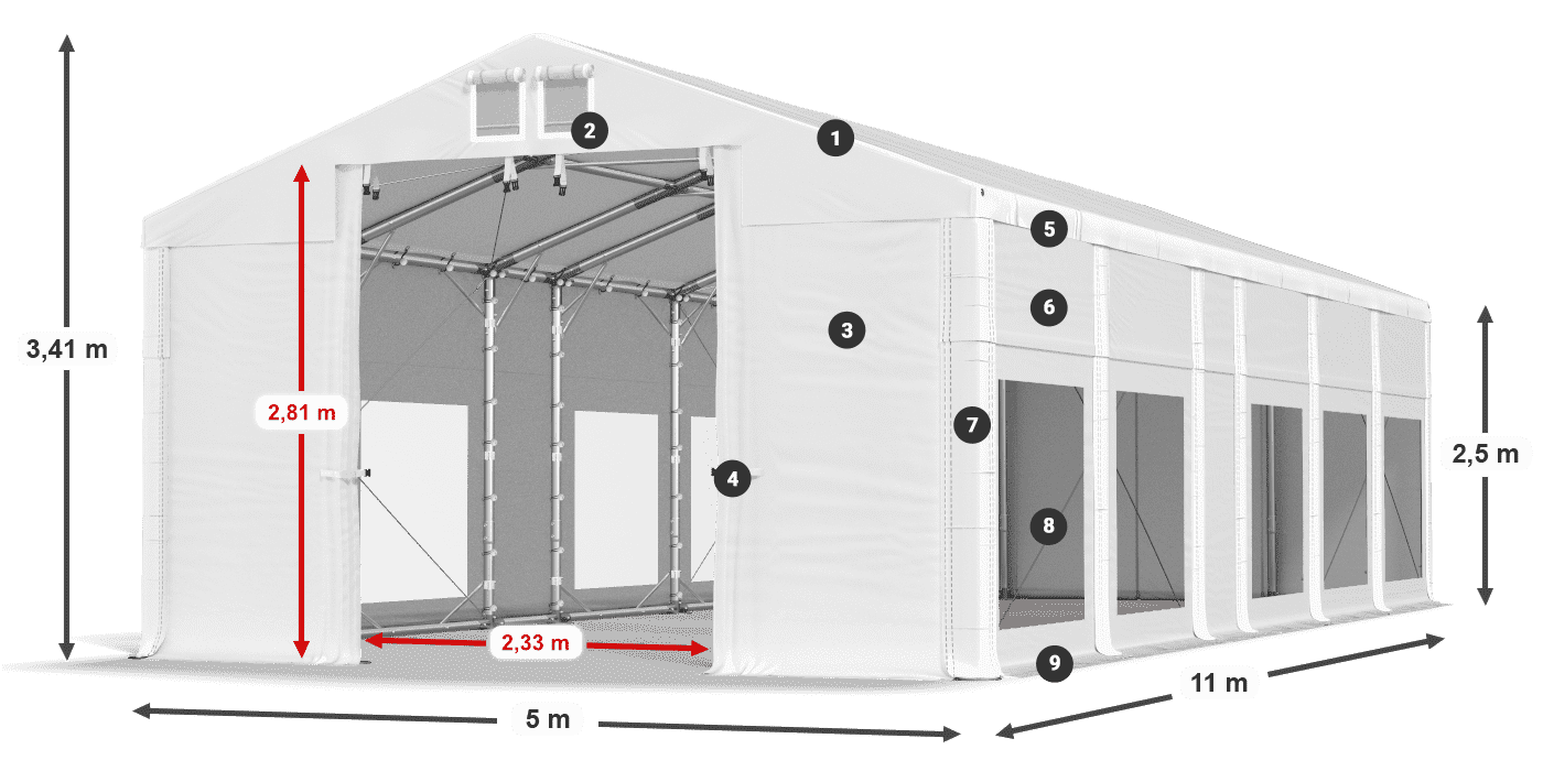 Tető: MS 580 PVC Falak: MS 580 PVC 2,5 m jelmagyarázat
