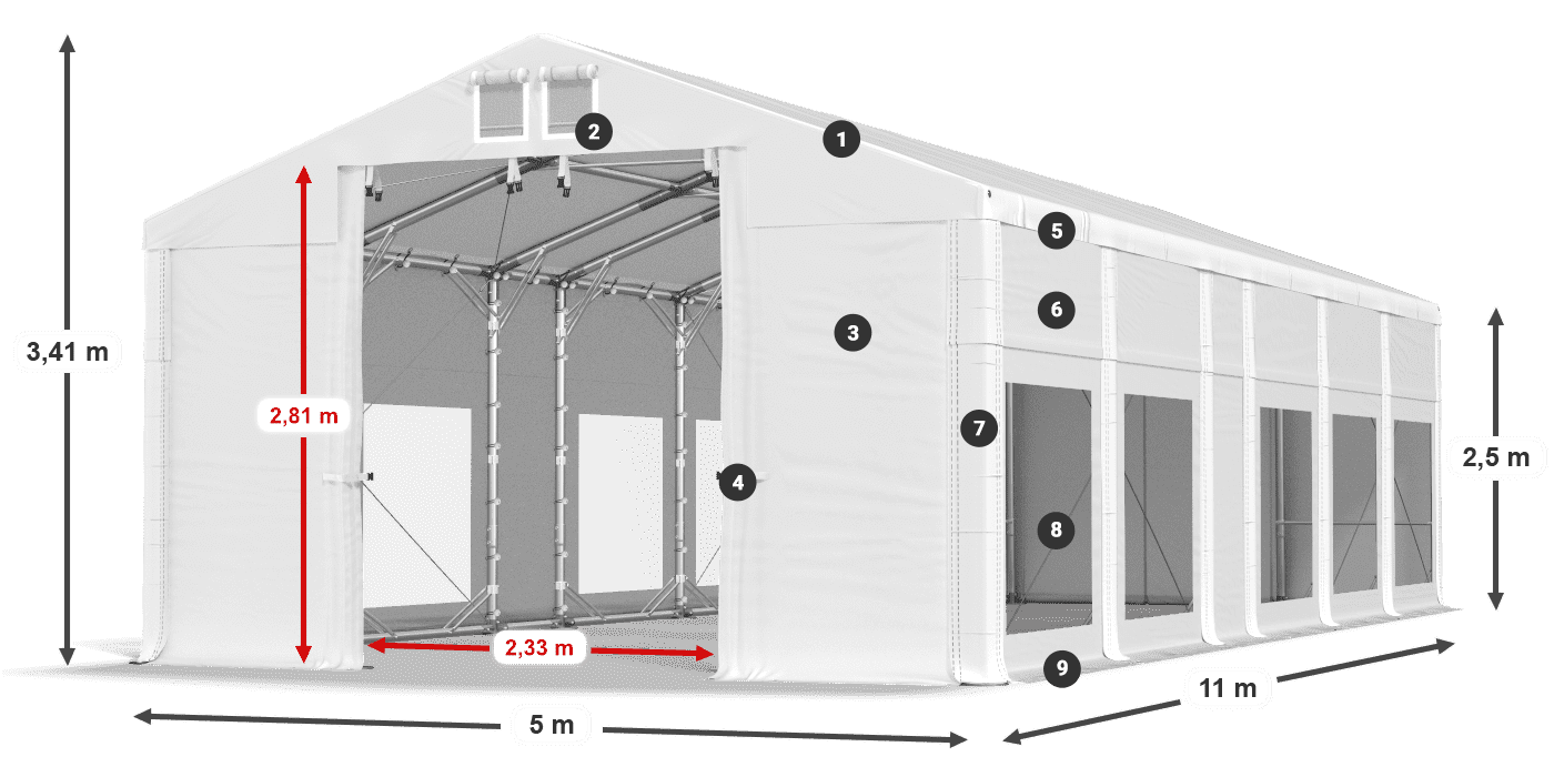 Tető: MS 580 PVC Falak: MS 580 PVC 2,5 m jelmagyarázat