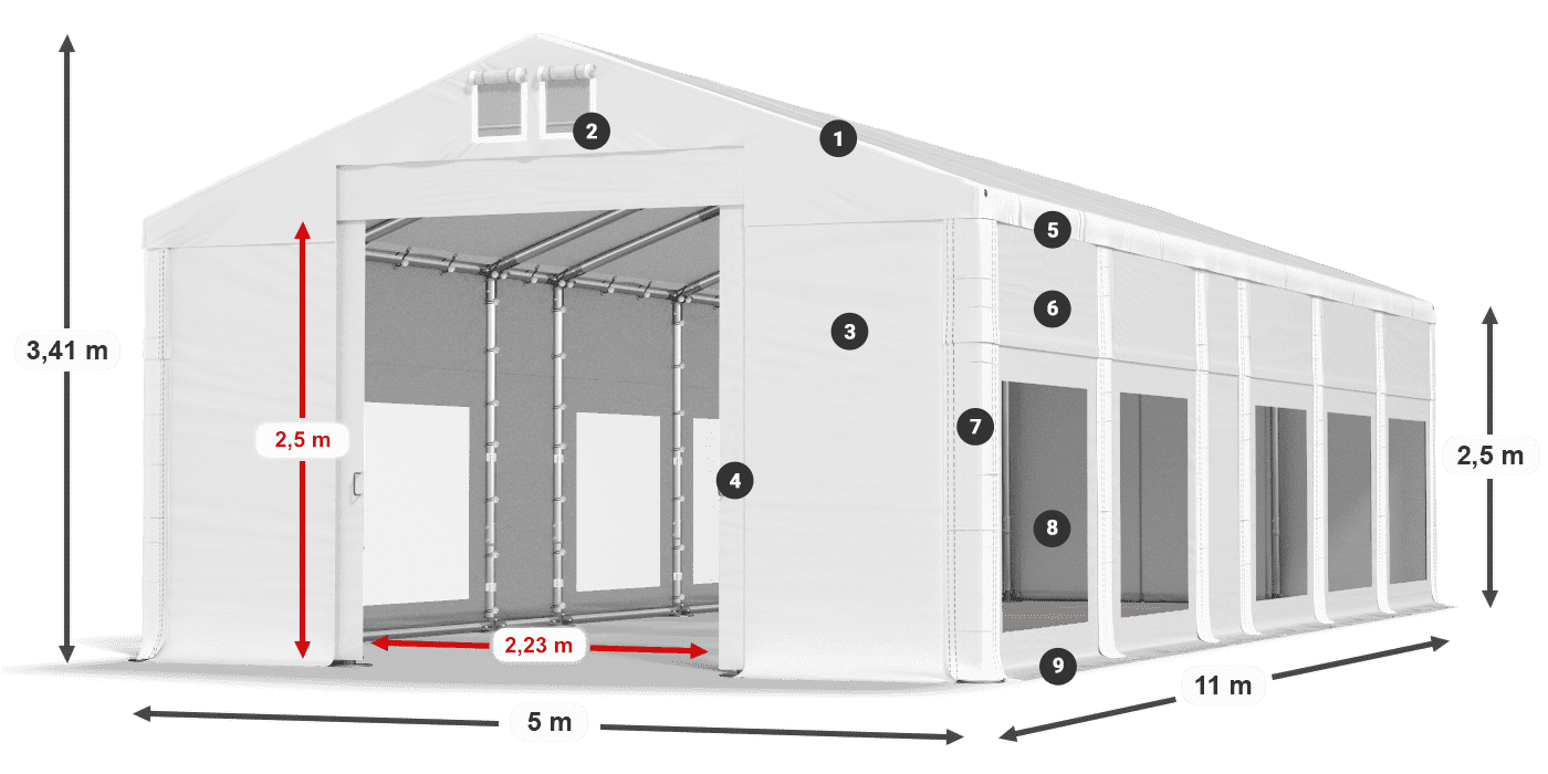 Tető: MS 580 PVC Falak: MS 580 PVC 2,5 m jelmagyarázat