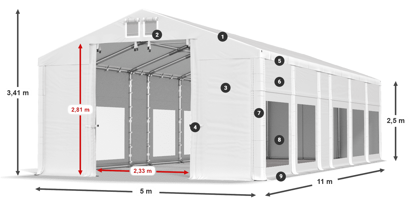 Tető: MS 580 PVC Falak: MS 580 PVC 2,5 m jelmagyarázat