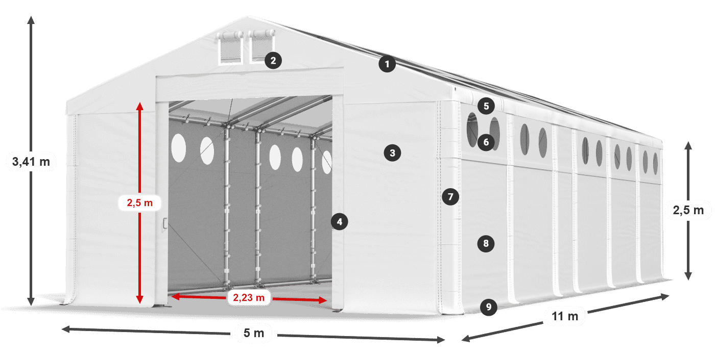 Tető: MS T 580 PVC Falak: MS O 580 PVC 2,5 m jelmagyarázat