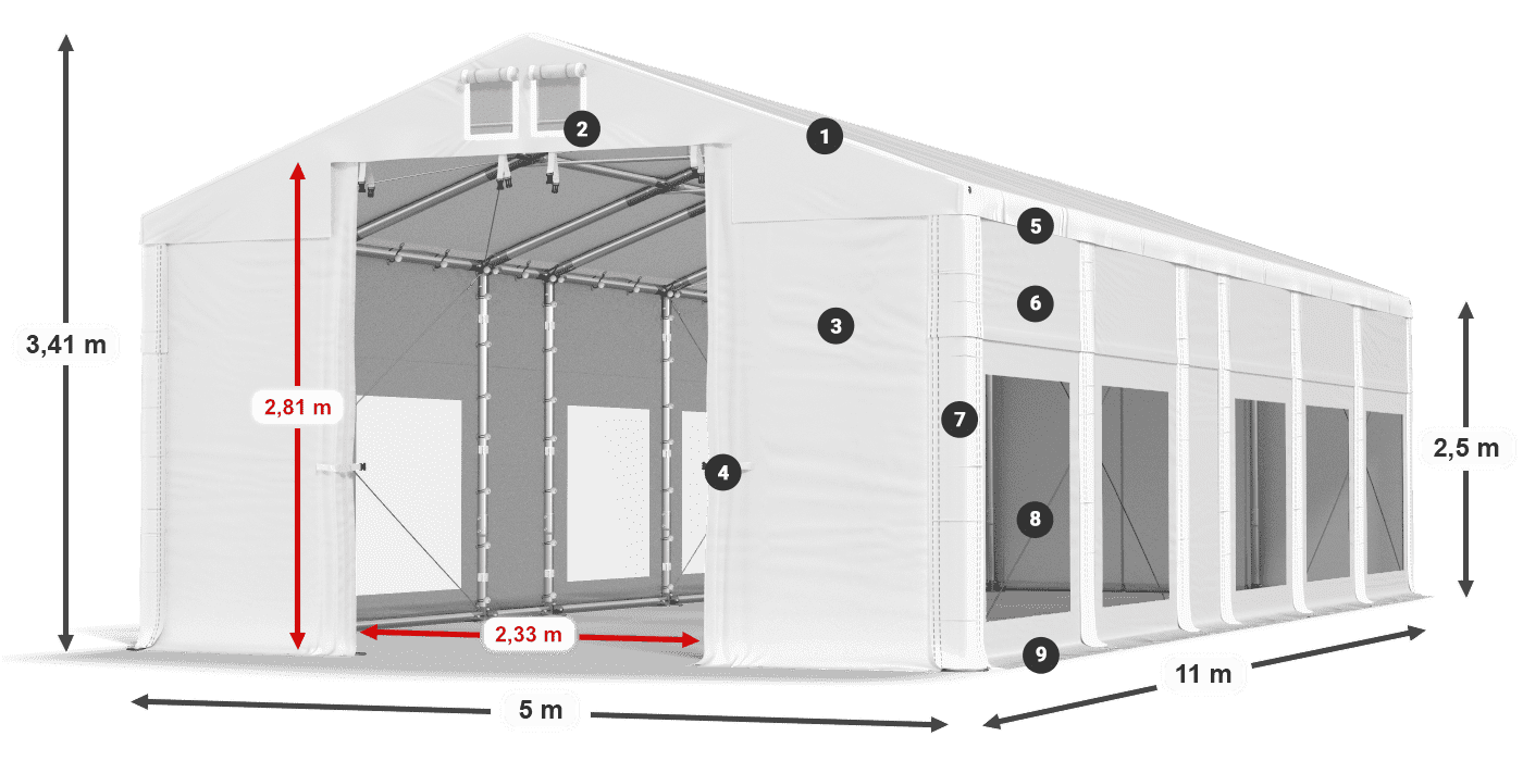 Tető: MS 580 PVC Falak: MS 580 PVC 2,5 m jelmagyarázat