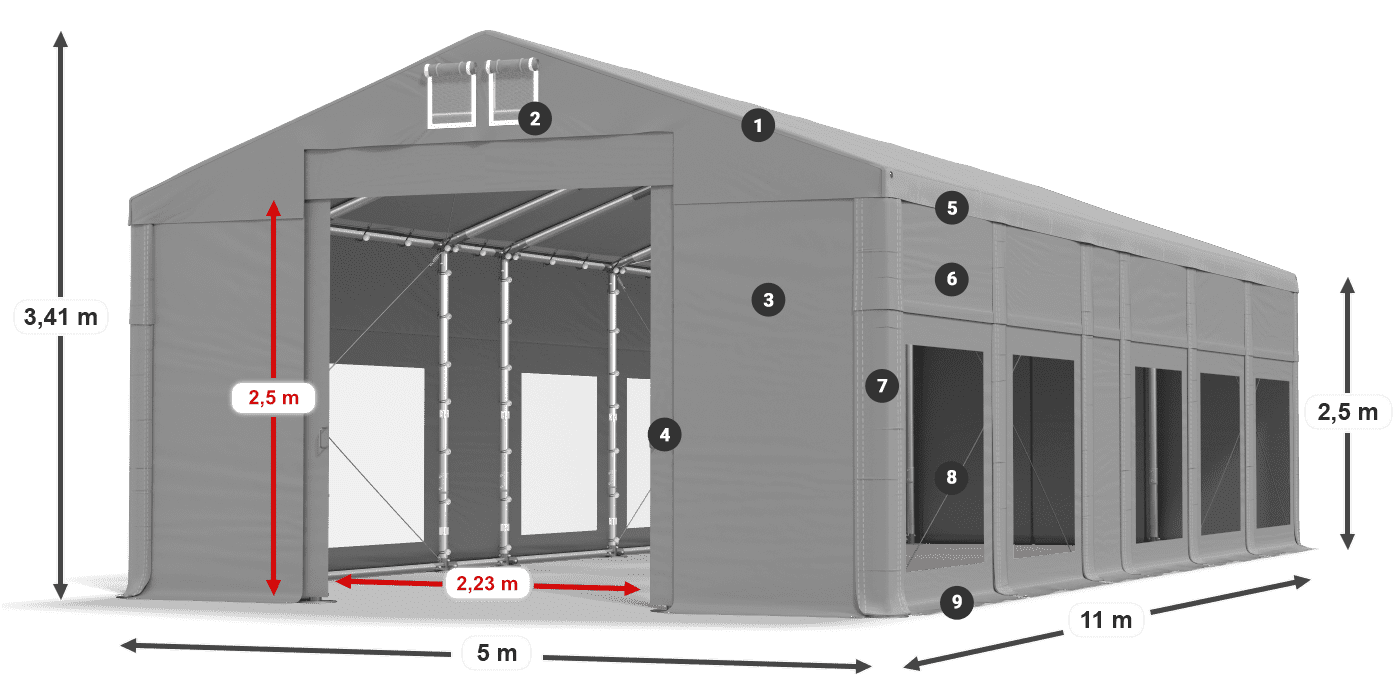 Tető: MS 580 PVC Falak: MS 580 PVC 2,5 m jelmagyarázat
