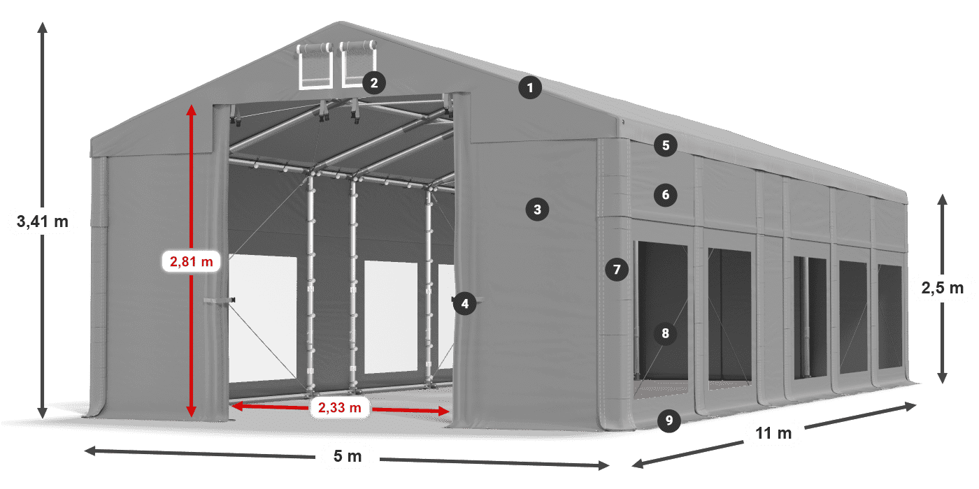 Tető: MS 580 PVC Falak: MS 580 PVC 2,5 m jelmagyarázat