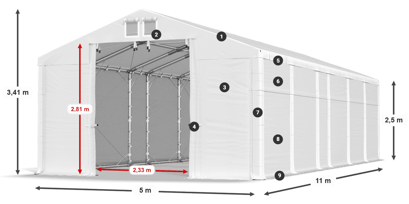 Tető: MS 580 PVC Falak: SD 500 PVC 2,5 m jelmagyarázat