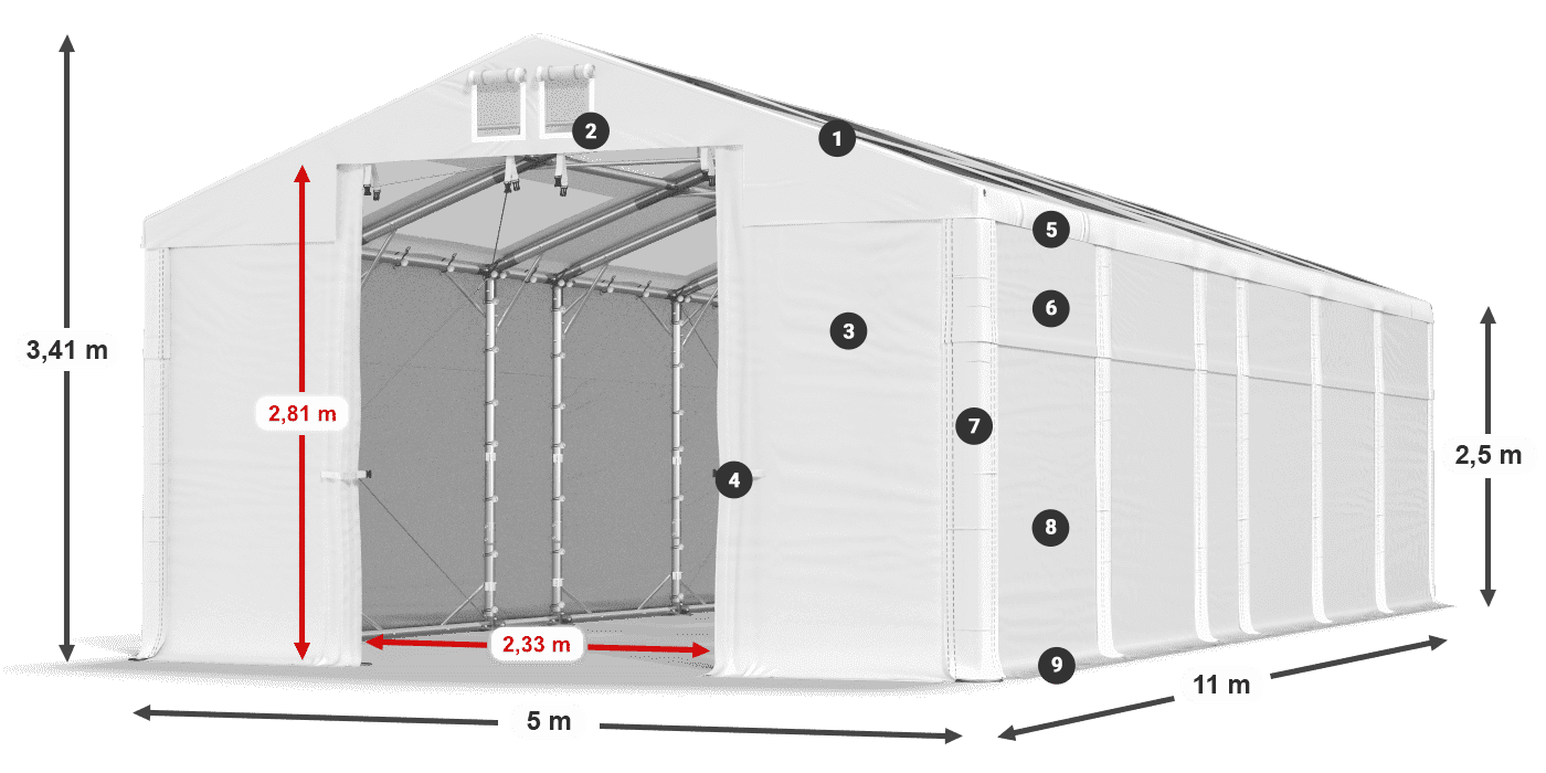 Tető: MS T 580 PVC Falak: SD 500 PVC 2,5 m jelmagyarázat