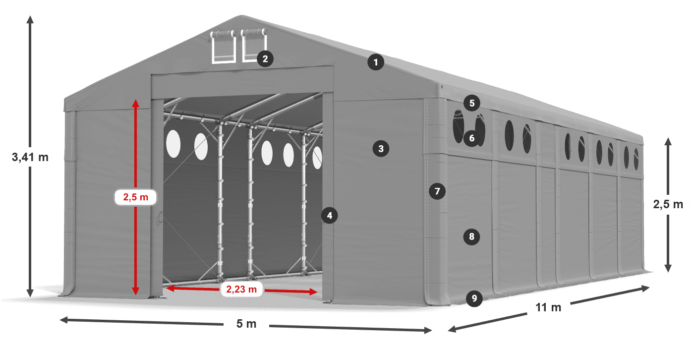 Tető: MS 580 PVC Falak: SD O 500 PVC 2,5 m jelmagyarázat