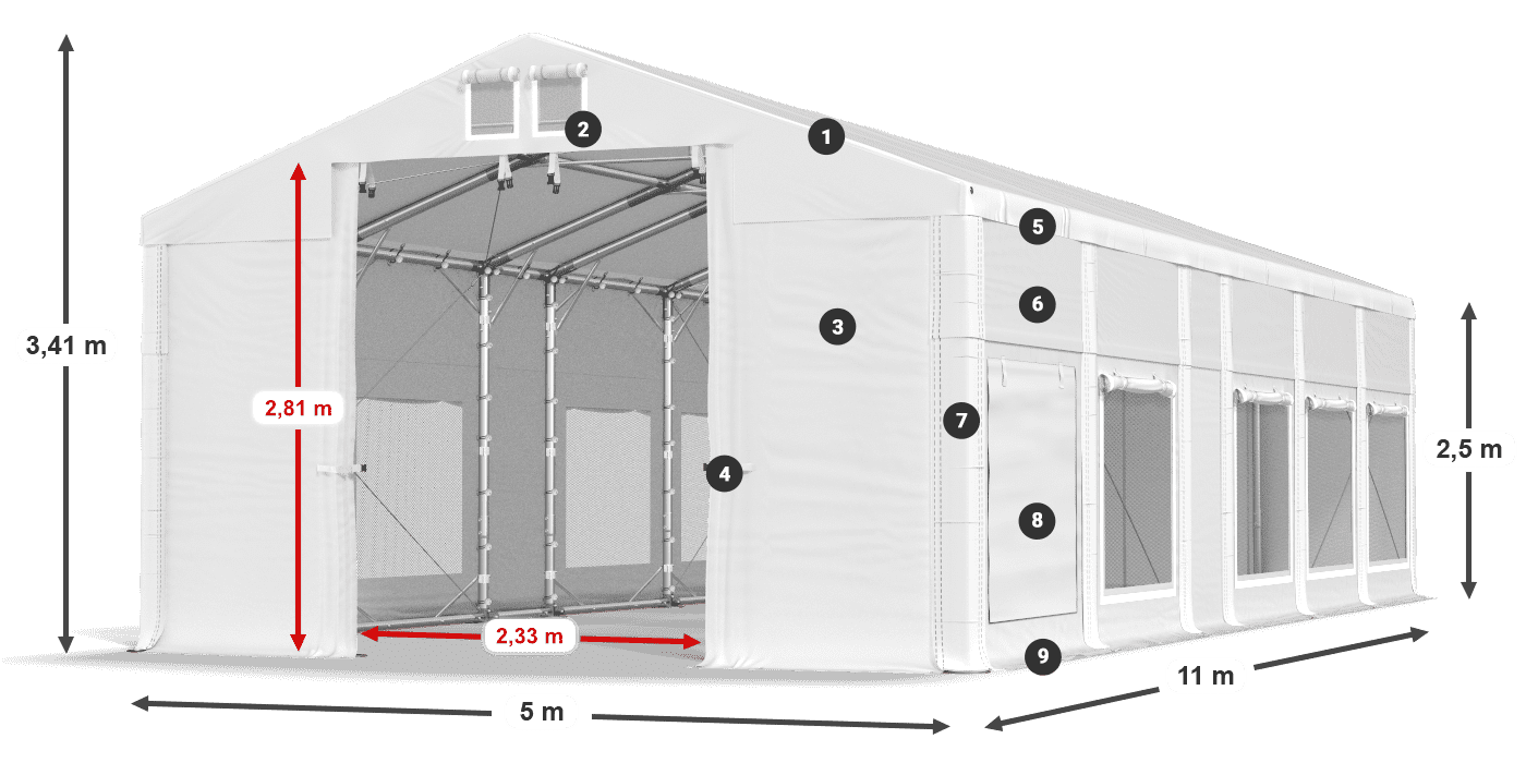 Tető: MS 580 PVC Falak: SD M 500 PVC 2,5 m jelmagyarázat