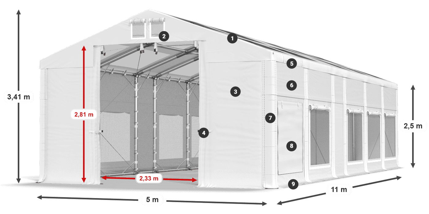 Tető: MS T 580 PVC Falak: SD M 500 PVC 2,5 m jelmagyarázat