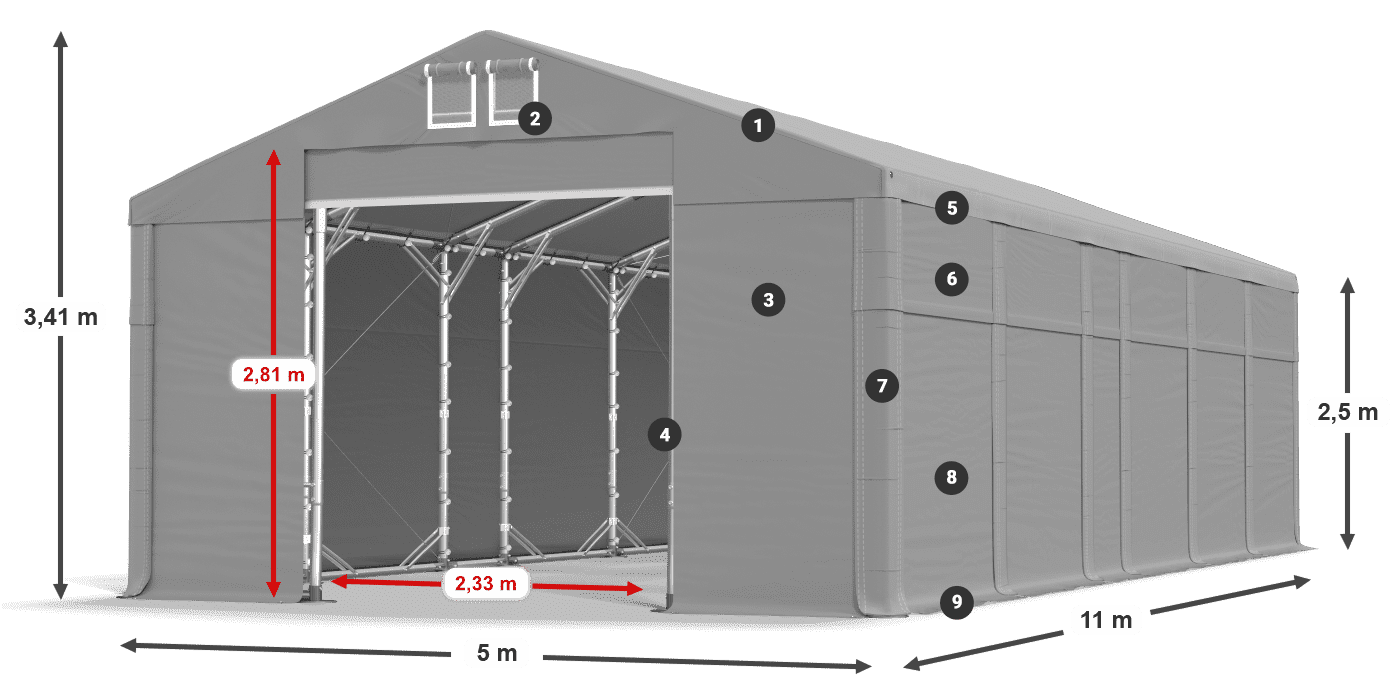 Tető: MS 580 PVC Falak: SD 500 PVC 2,5 m jelmagyarázat