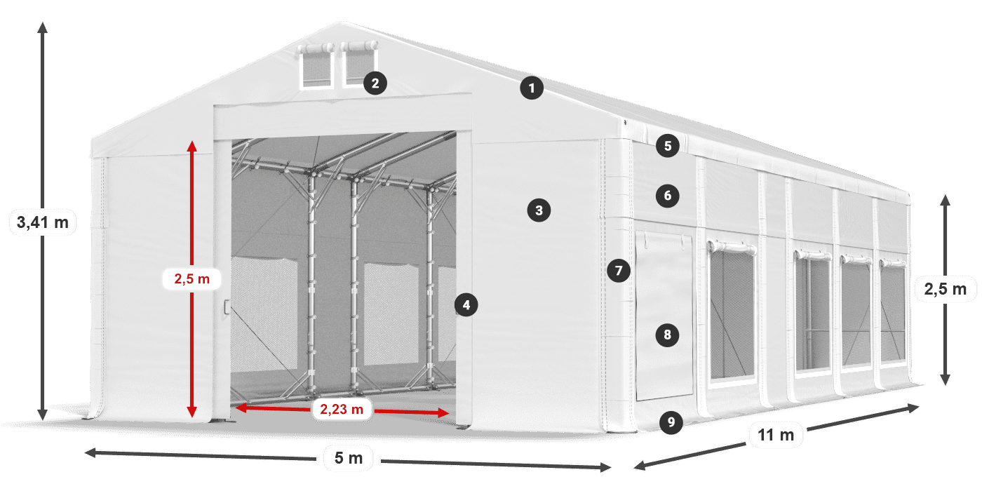 Tető: MS 580 PVC Falak: SD M 500 PVC 2,5 m jelmagyarázat