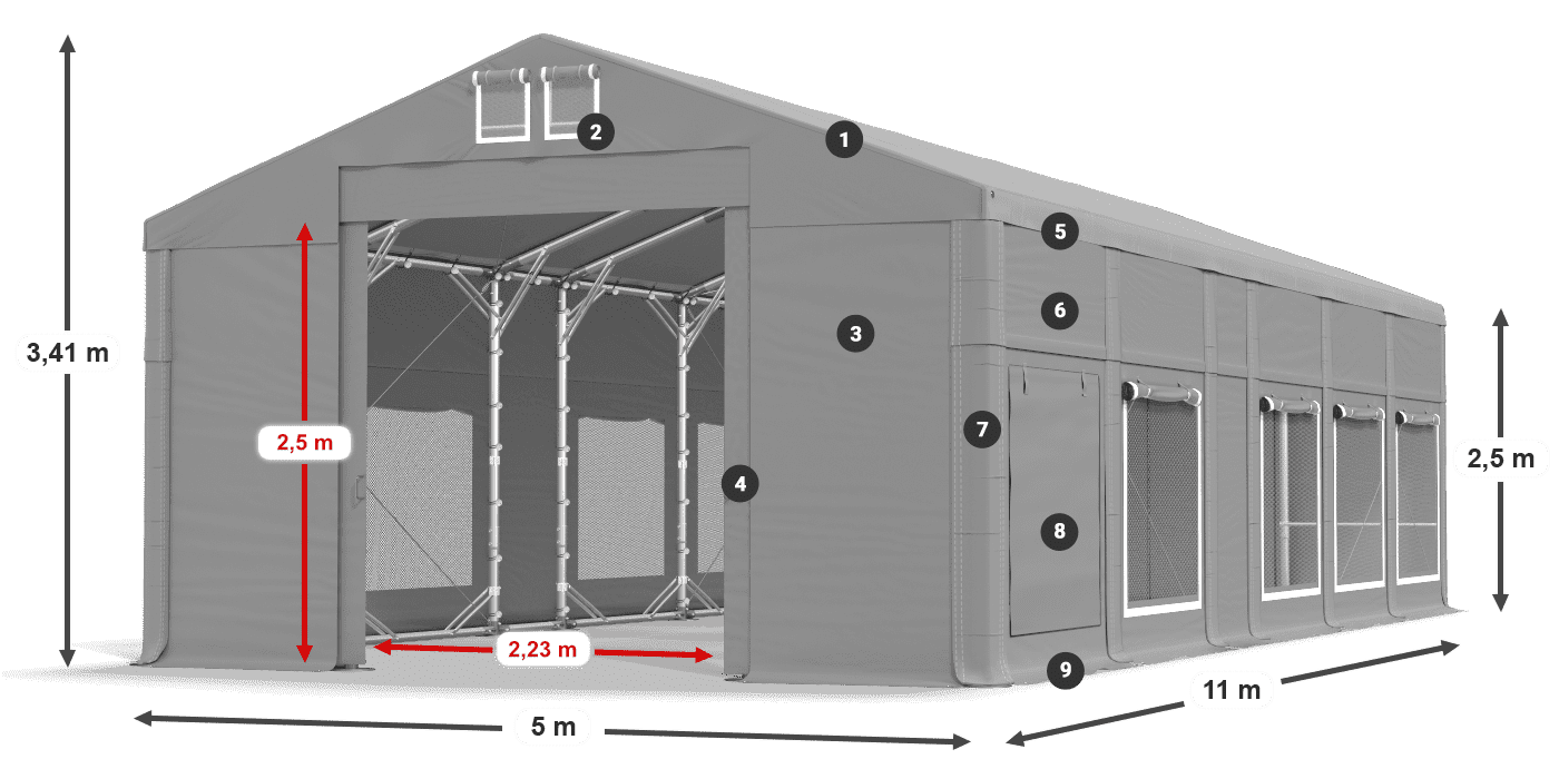 Tető: MS 580 PVC Falak: SD M 500 PVC 2,5 m jelmagyarázat