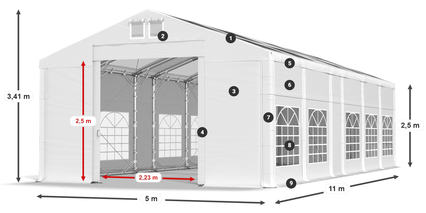 Tető: MS 580 PVC Falak: SD 500 PVC 2,5 m jelmagyarázat