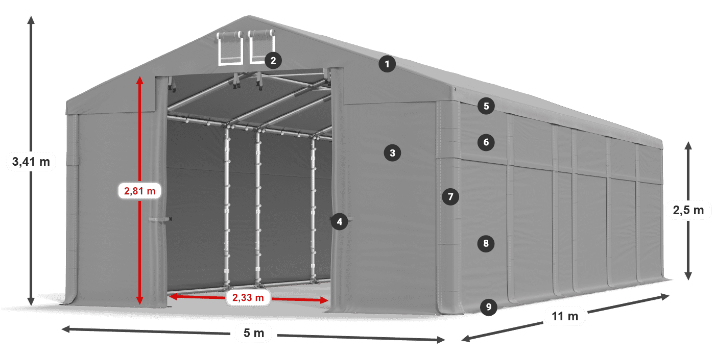 Tető: MS 580 PVC Falak: SD 500 PVC 2,5 m jelmagyarázat