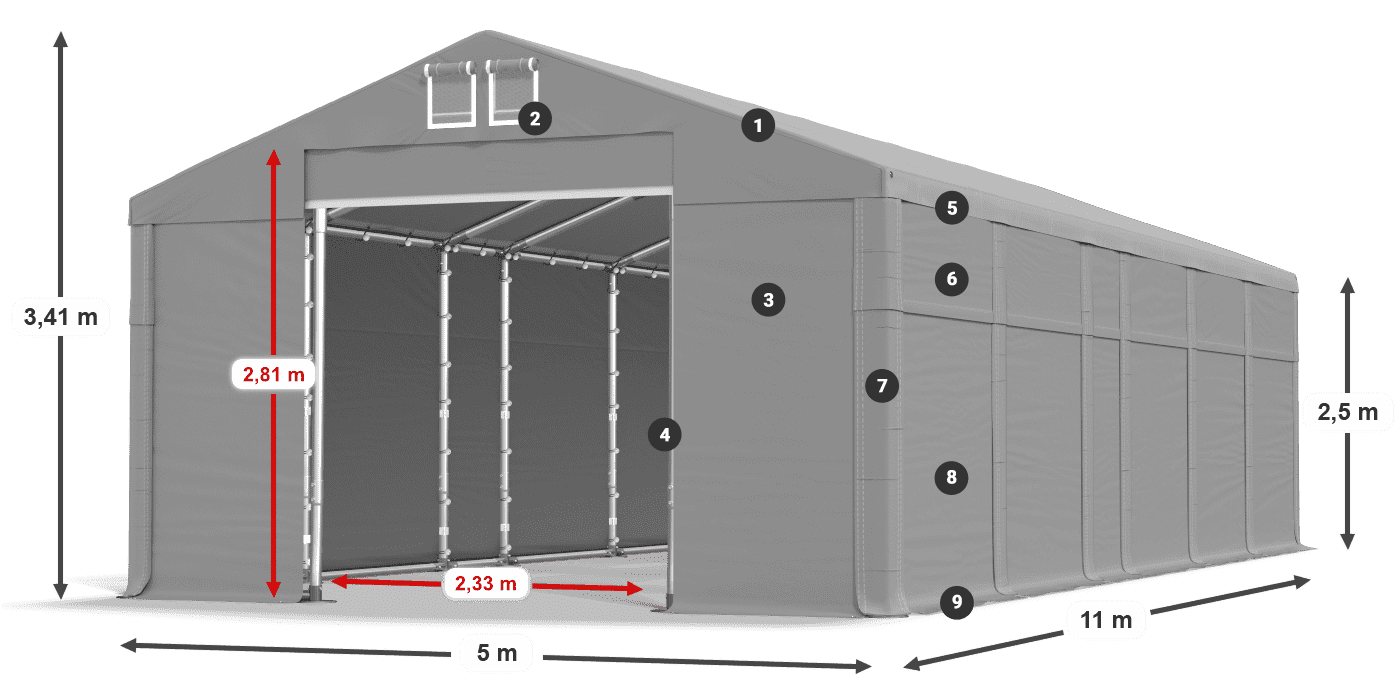Tető: MS 580 PVC Falak: SD 500 PVC 2,5 m jelmagyarázat