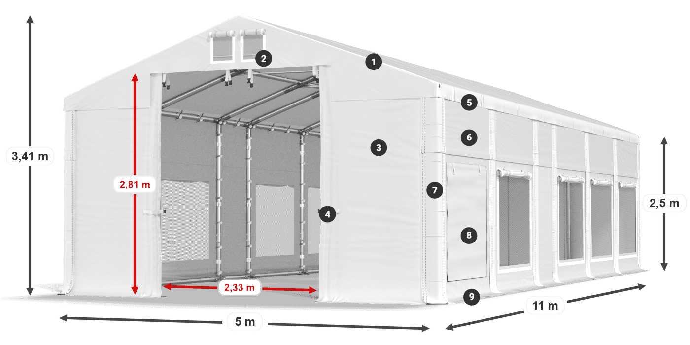 Tető: MS 580 PVC Falak: SD M 500 PVC 2,5 m jelmagyarázat