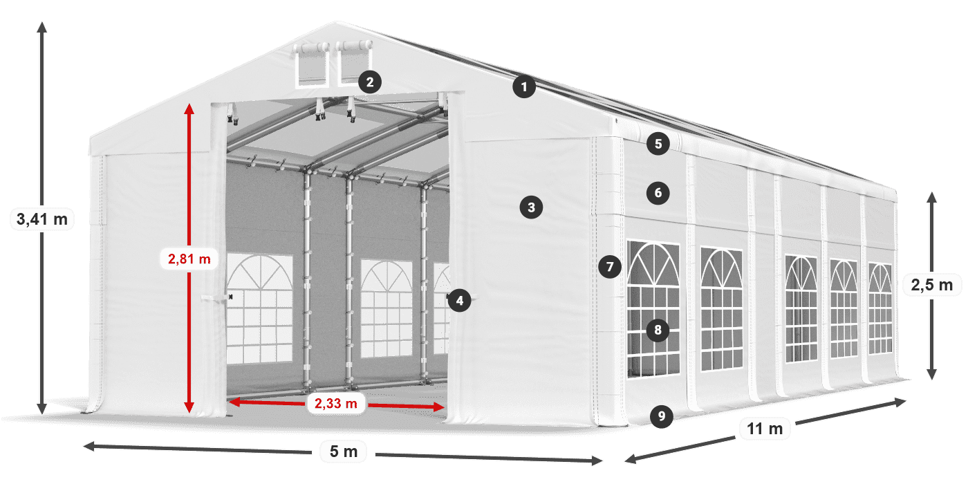 Tető: MS 580 PVC Falak: SD 500 PVC 2,5 m jelmagyarázat