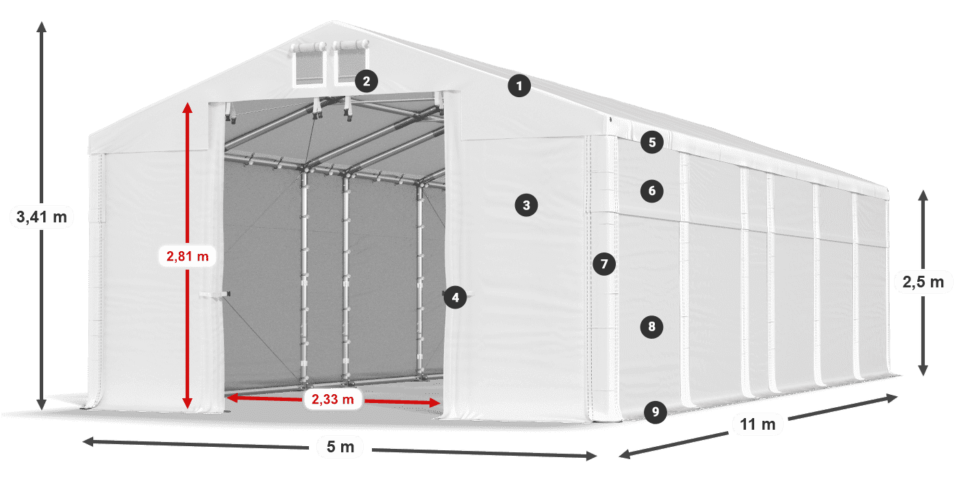 Tető: MS 580 PVC Falak: SD 500 PVC 2,5 m jelmagyarázat