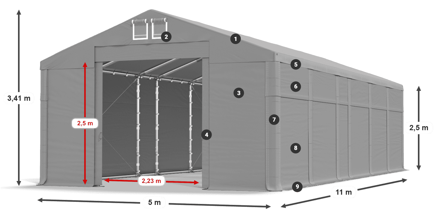 Tető: MS 580 PVC Falak: SD 500 PVC 2,5 m jelmagyarázat