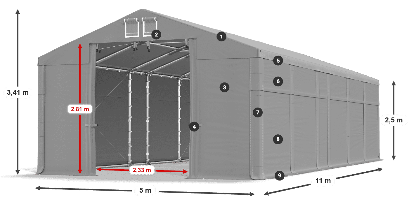 Tető: MS 580 PVC Falak: SD 500 PVC 2,5 m jelmagyarázat