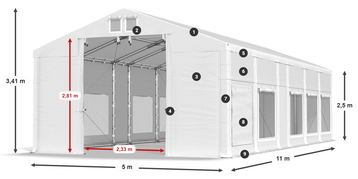 Tető: MS 580 PVC Falak: SD M 500 PVC 2,5 m jelmagyarázat
