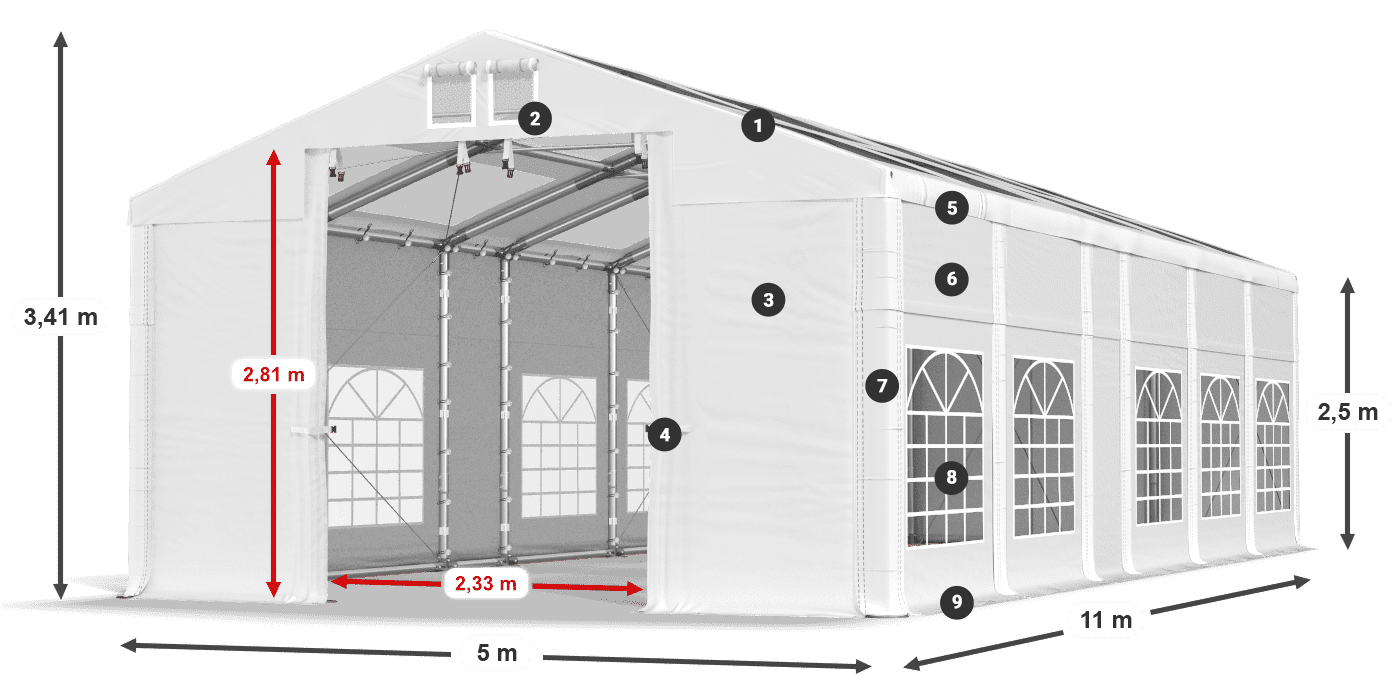 Tető: MS 580 PVC Falak: SD 500 PVC 2,5 m jelmagyarázat