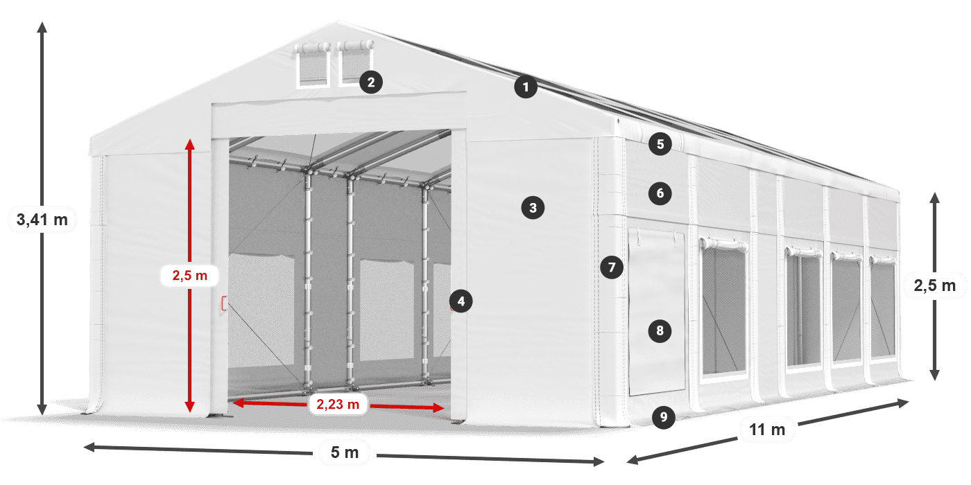 Tető: MS T 580 PVC Falak: SD M 500 PVC 2,5 m jelmagyarázat