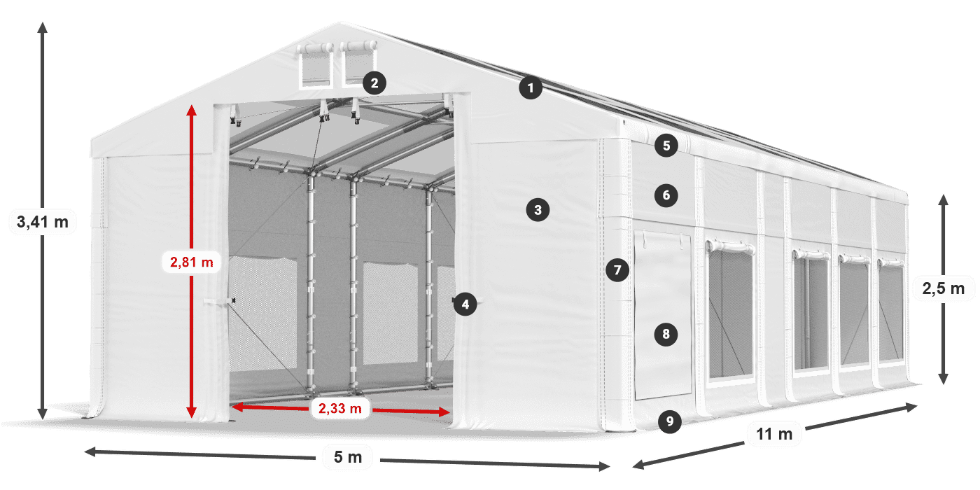 Tető: MS T 580 PVC Falak: SD M 500 PVC 2,5 m jelmagyarázat