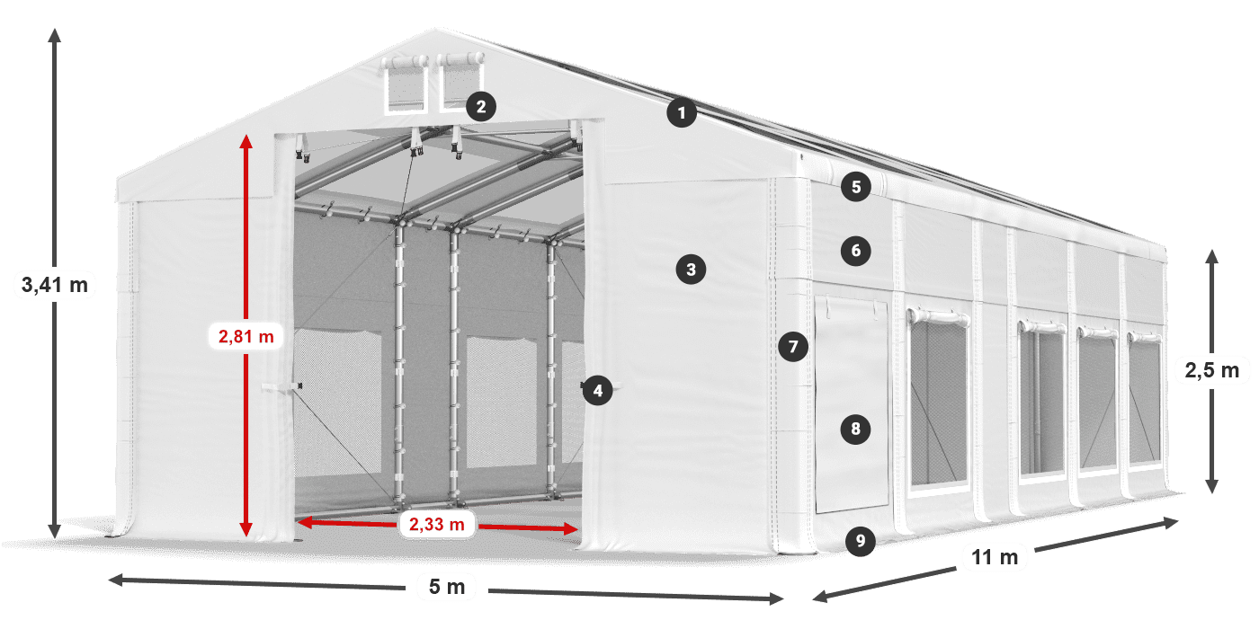 Tető: MS T 580 PVC Falak: SD M 500 PVC 2,5 m jelmagyarázat