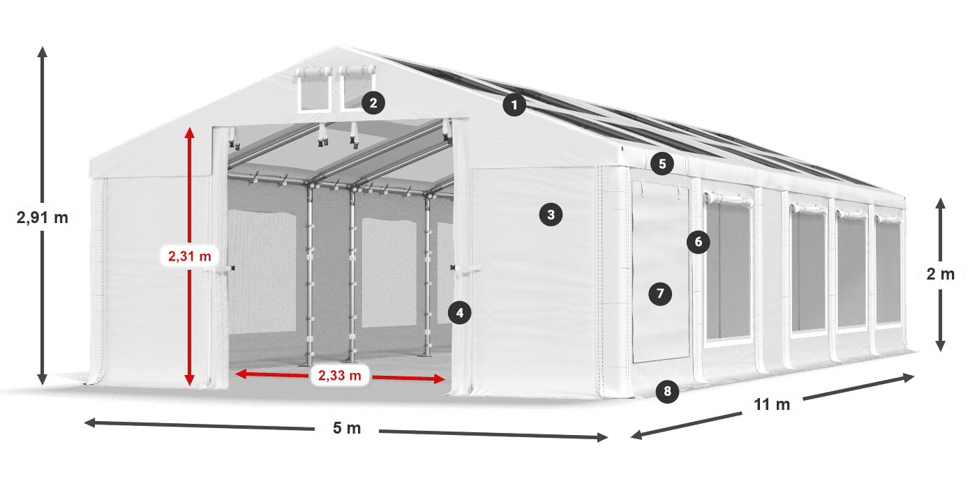Tető: MS T 580 PVC Falak: SDM 500 PVC 2 m jelmagyarázat