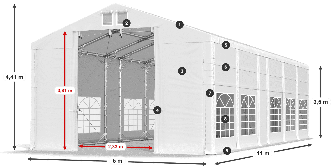 Tető: MS 580 PVC Falak: FR 620 PVC 3,5 m jelmagyarázat