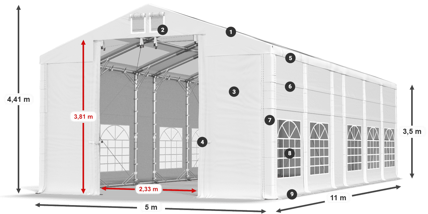 Tető: MS T 580 PVC Falak: FR 620 PVC 2,5 m jelmagyarázat
