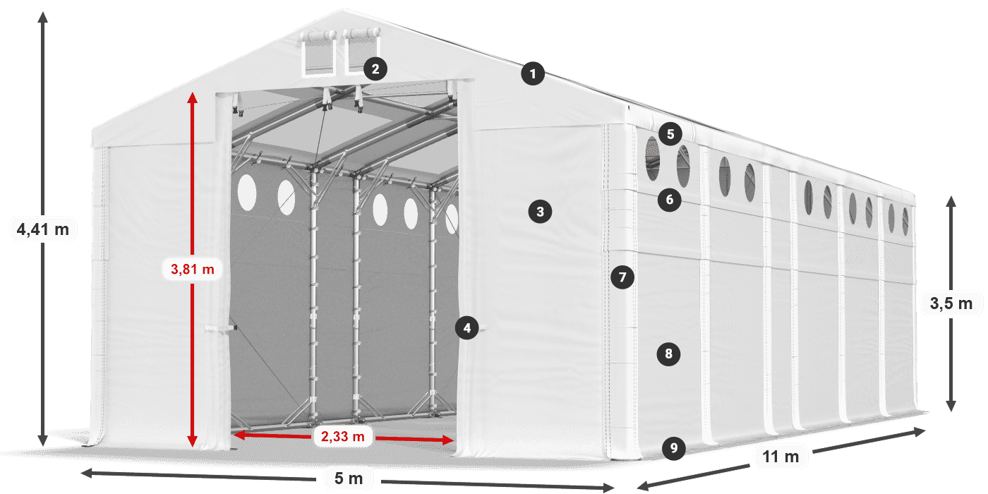 Tető: MS T 580 PVC Falak: MS O 580 PVC 3,5 m jelmagyarázat