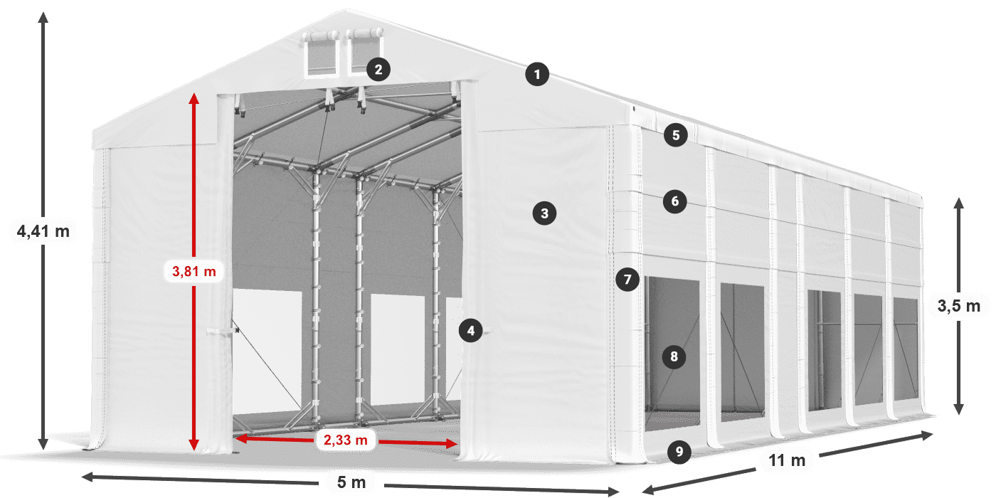 Tető: MS 580 PVC Falak: MS 580 PVC 3,5 m jelmagyarázat