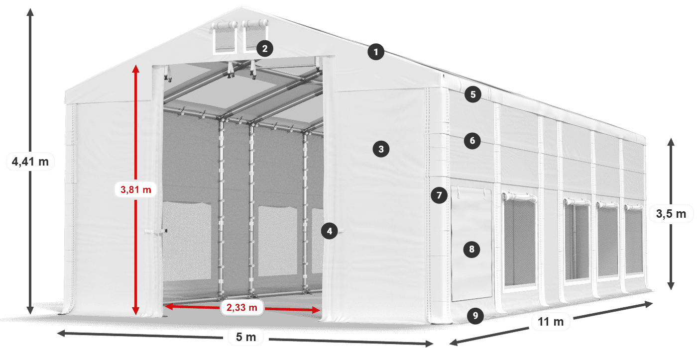 Tető: MS T 580 PVC Falak: SD M 500 PVC 2,5 m jelmagyarázat