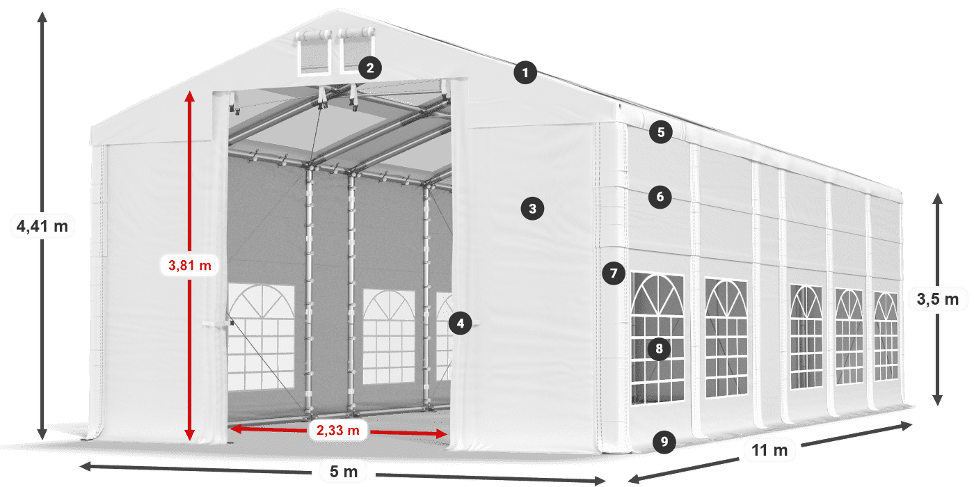 Tető: MS T 580 PVC Falak: SD 500 I PVC 3,5 m jelmagyarázat