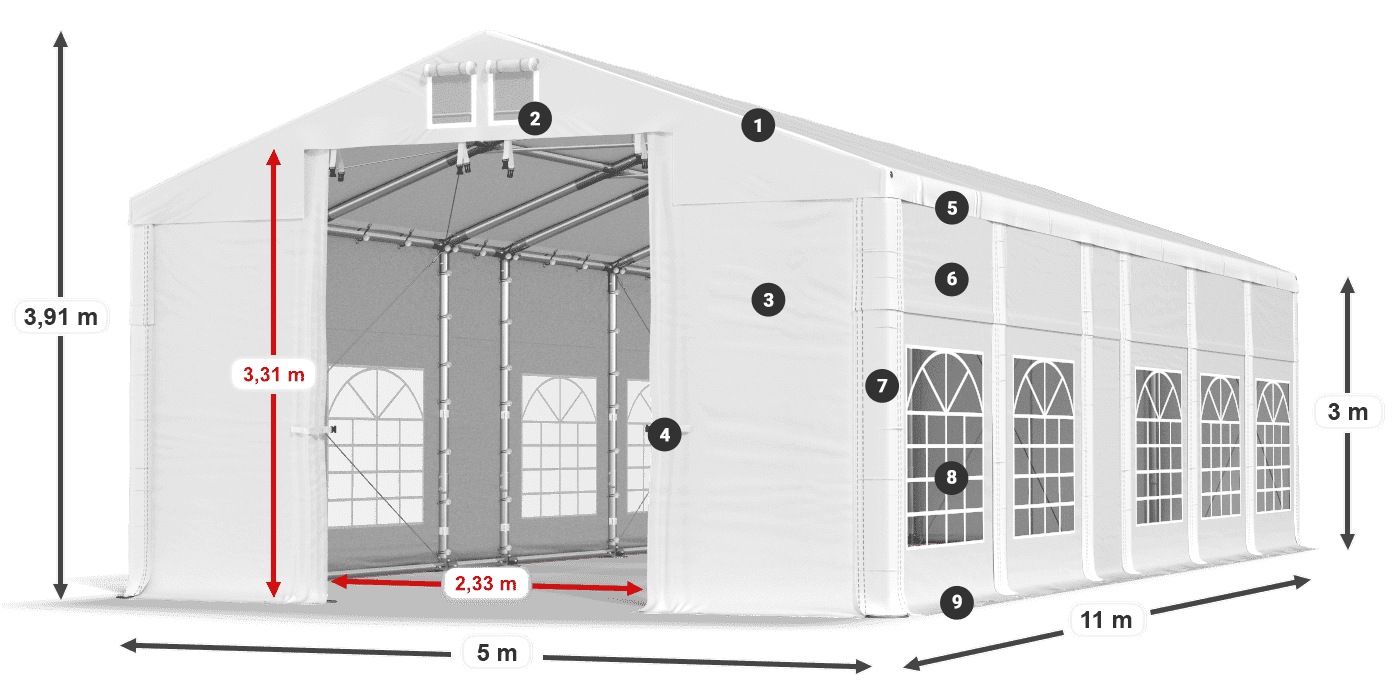 Tető: MS 580 PVC Falak: FR 620 PVC 3 m jelmagyarázat