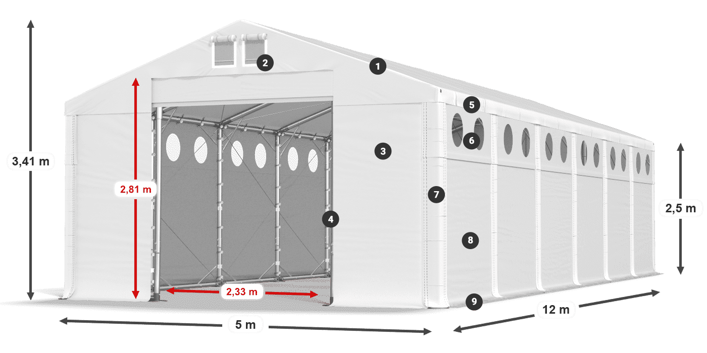 Tető: FR 620 PVC Falak: MS O 580 PVC 2,5 m jelmagyarázat