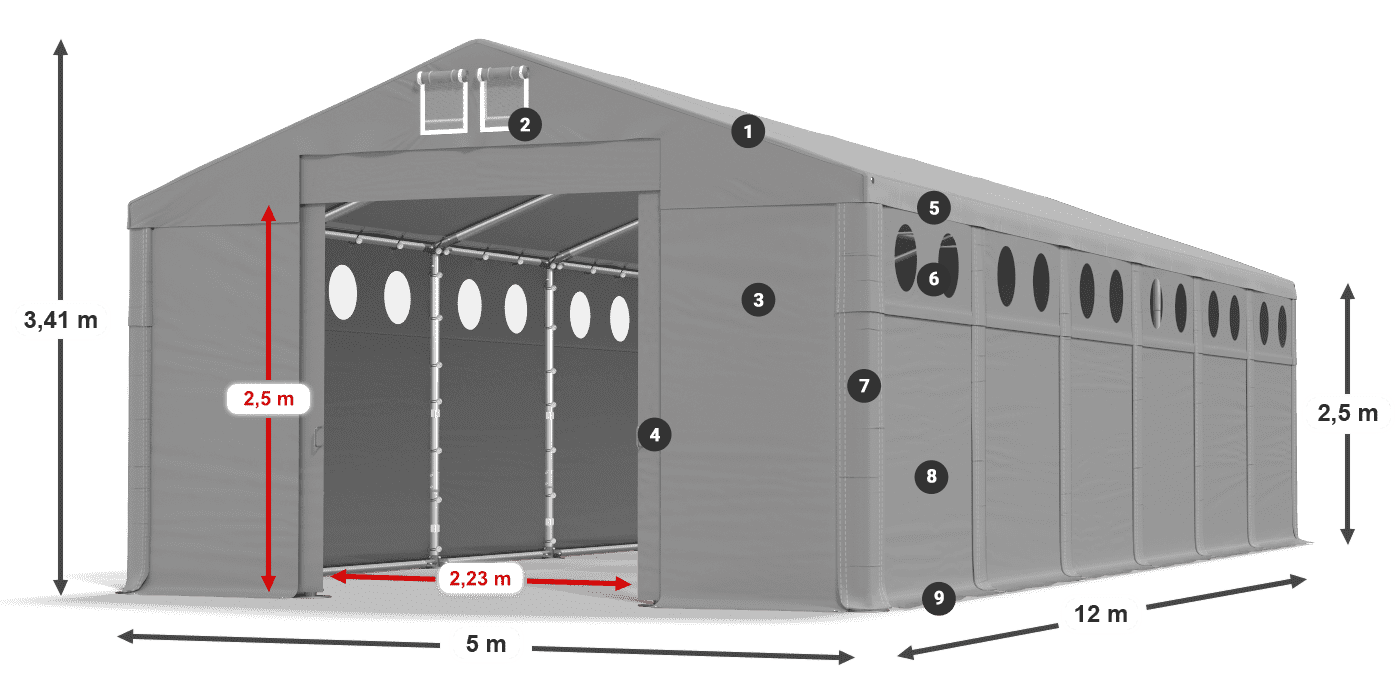 Tető: FR 620 PVC Falak: MS O 580 PVC 2,5 m jelmagyarázat