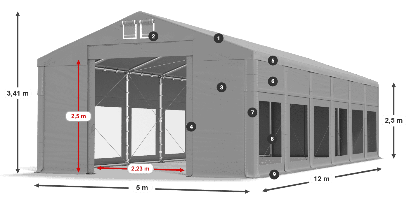 Tető: FR 620 PVC Falak: MS 580 PVC 2,5 m jelmagyarázat