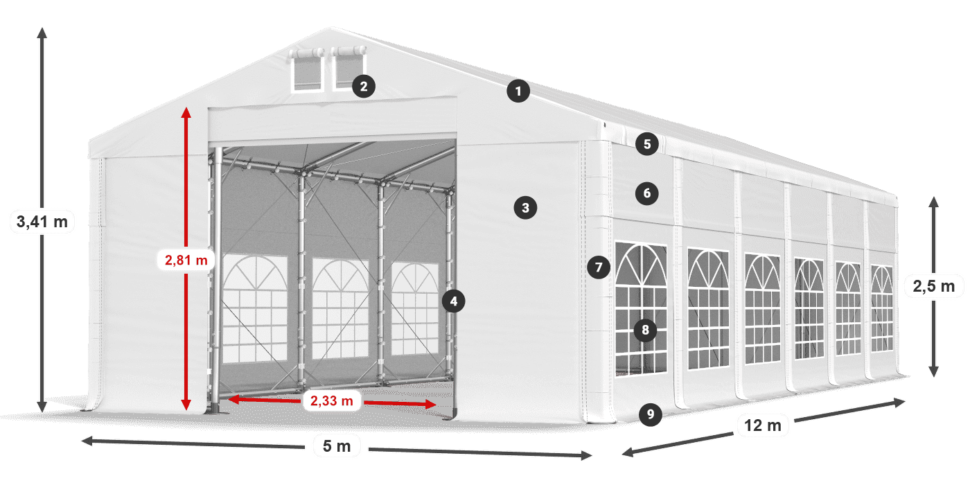 Tető: MS 580 PVC Falak: FR 620 PVC 2,5 m jelmagyarázat