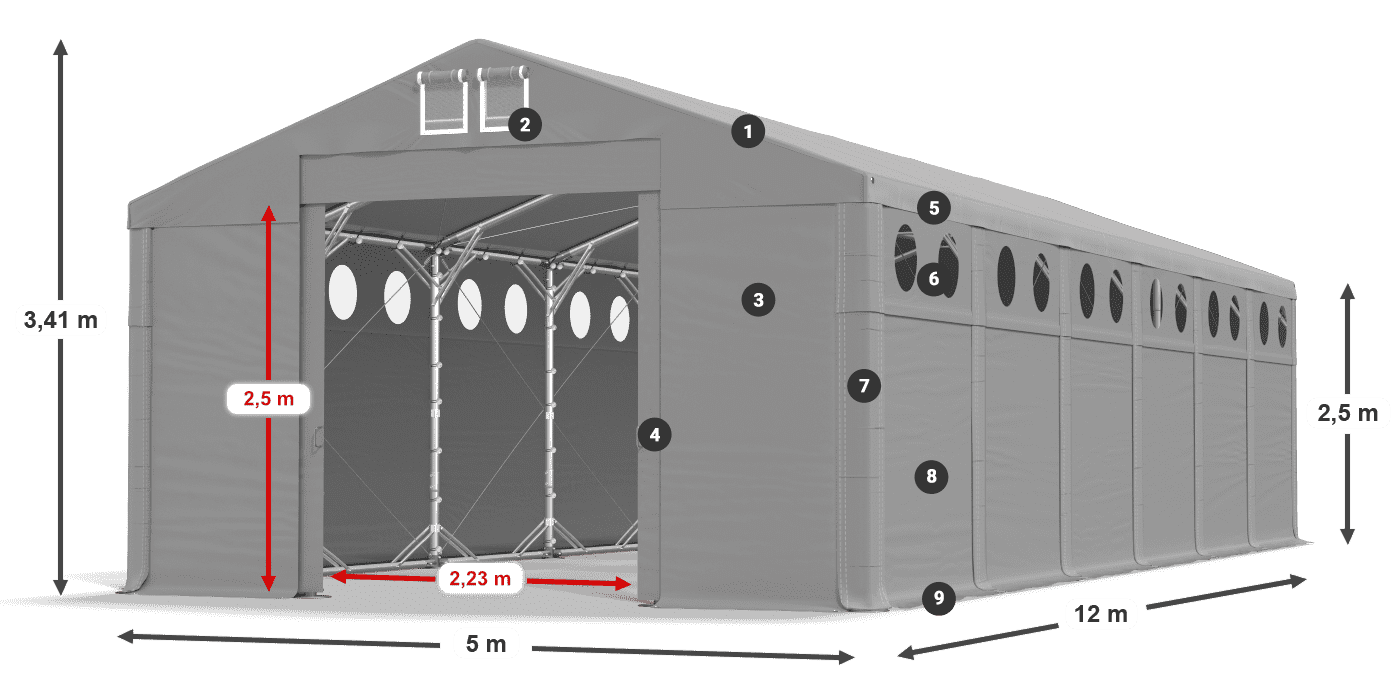 Tető: MS 580 PVC Falak: FR O 620 PVC 2,5 m jelmagyarázat
