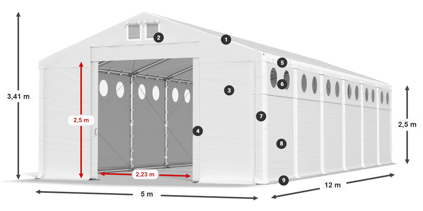 Tető: MS 580 PVC Falak: FR O 620 PVC 2,5 m jelmagyarázat