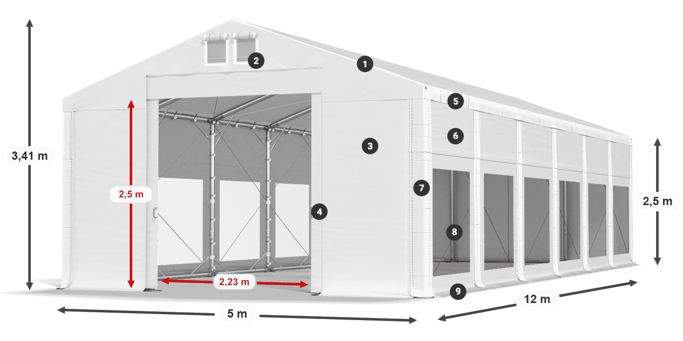 Tető: MS 580 PVC Falak: MS 580 PVC 2,5 m jelmagyarázat