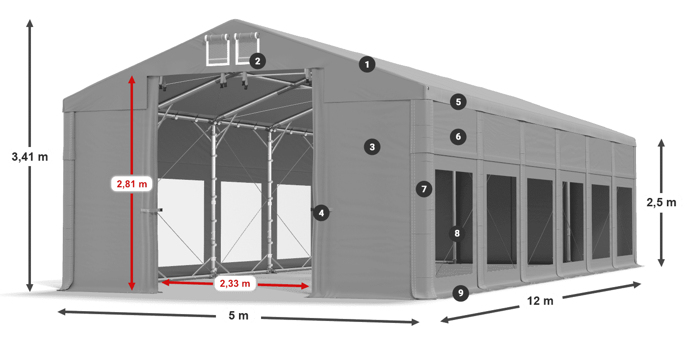 Tető: MS 580 PVC Falak: MS 580 PVC 2,5 m jelmagyarázat