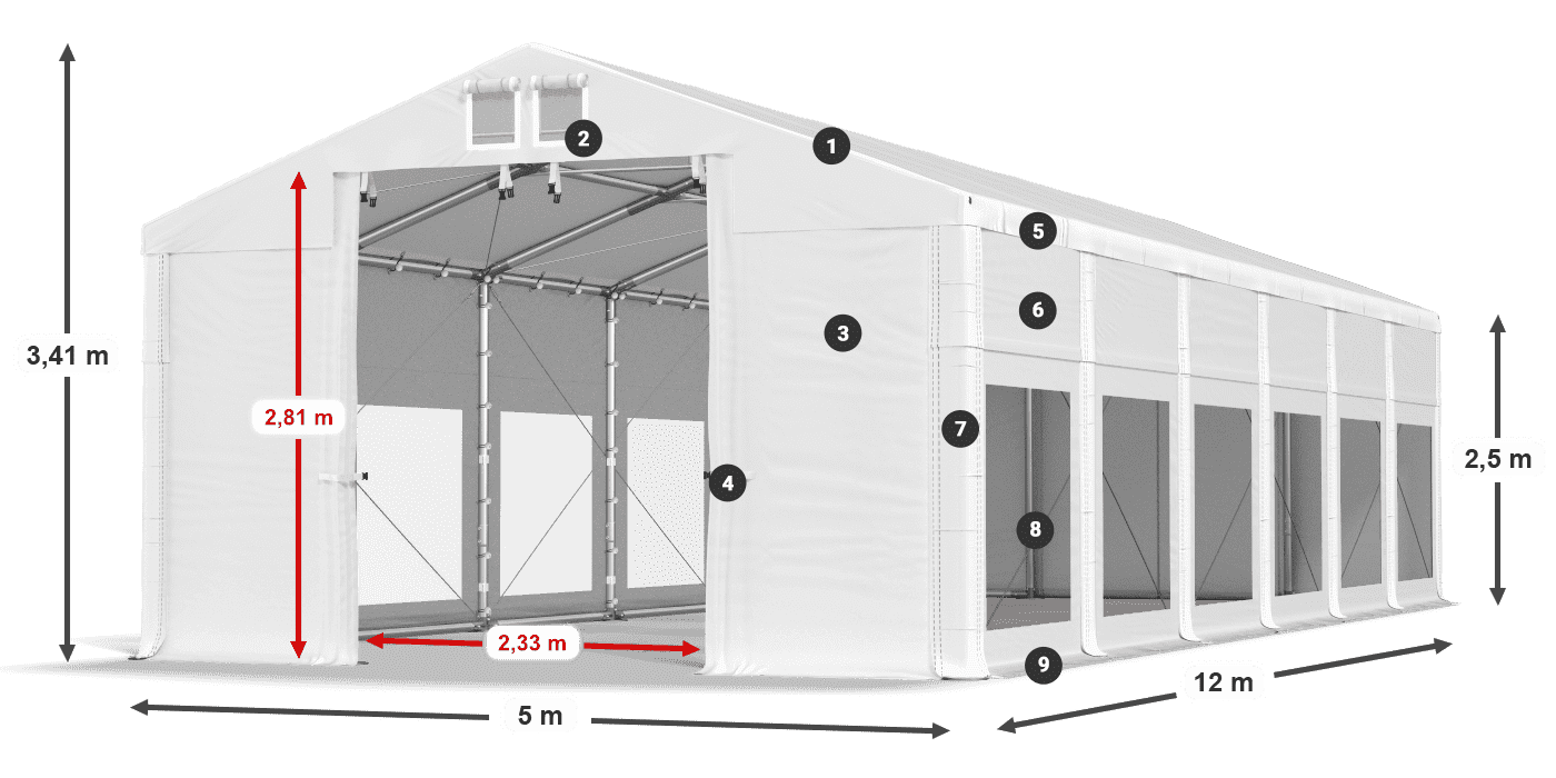 Tető: MS 580 PVC Falak: MS 580 PVC 2,5 m jelmagyarázat