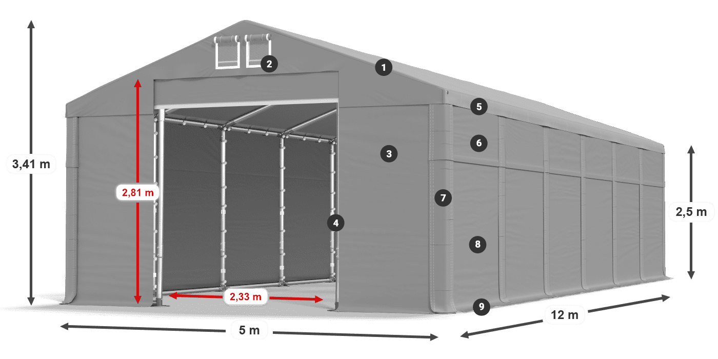Tető: MS 580 PVC Falak: SD 500 PVC 2,5 m jelmagyarázat