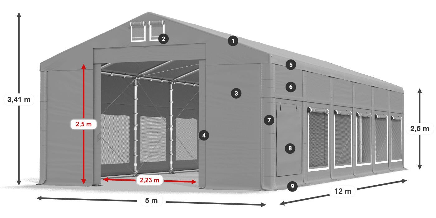 Tető: MS 580 PVC Falak: SD M 500 PVC 2,5 m jelmagyarázat