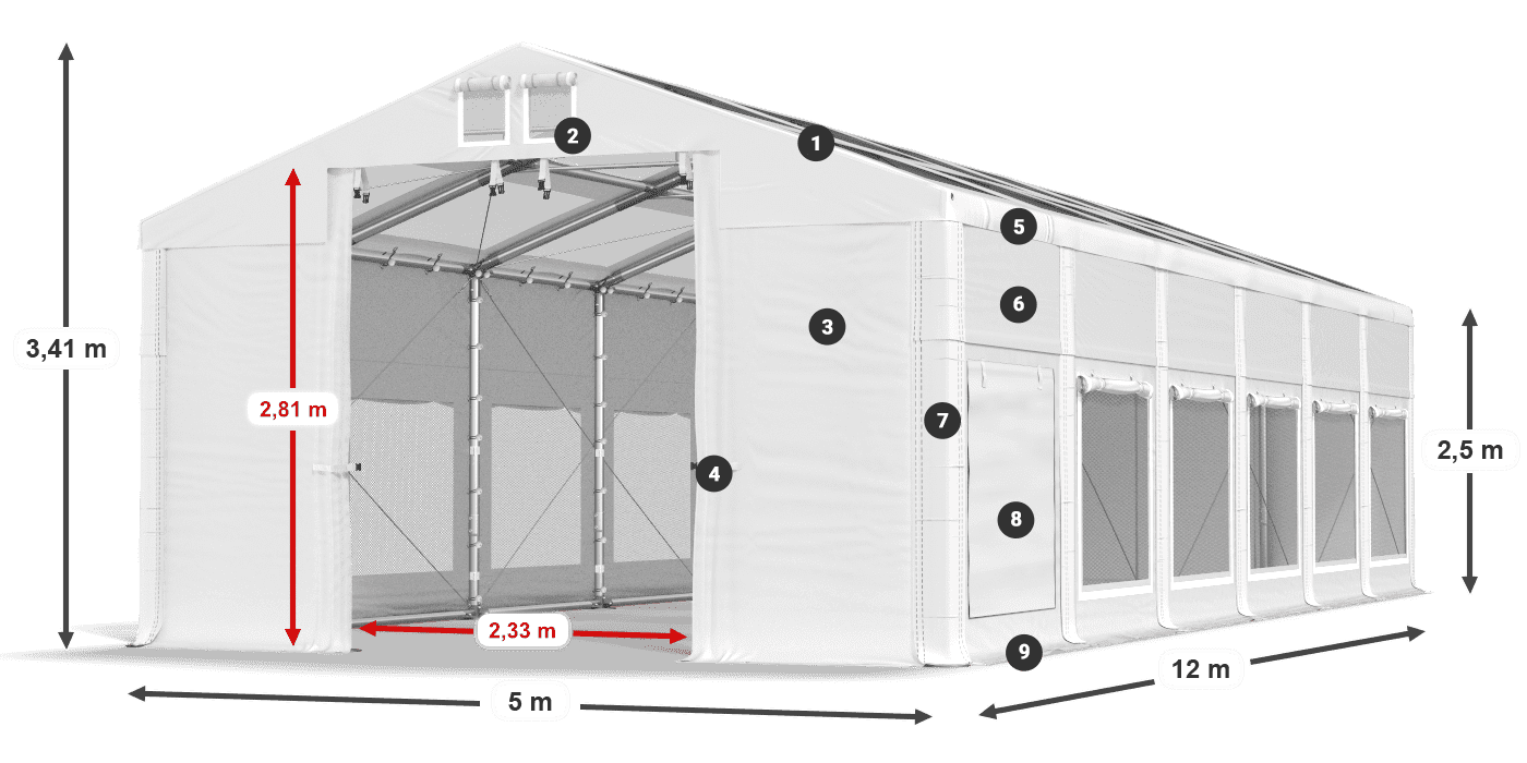 Tető: MS T 580 PVC Falak: SD M 500 PVC 2,5 m jelmagyarázat