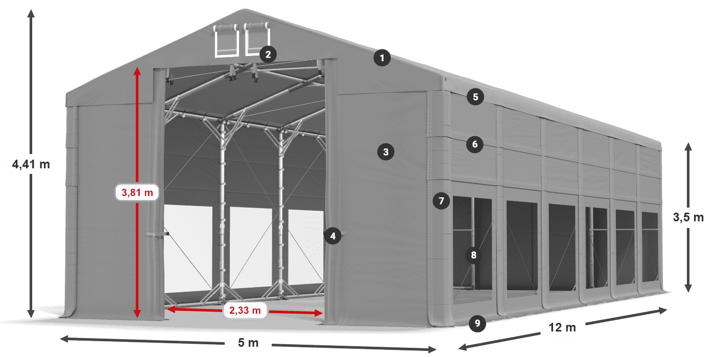 Tető: FR 620 PVC Falak: MS 580 PVC 3,5 m jelmagyarázat
